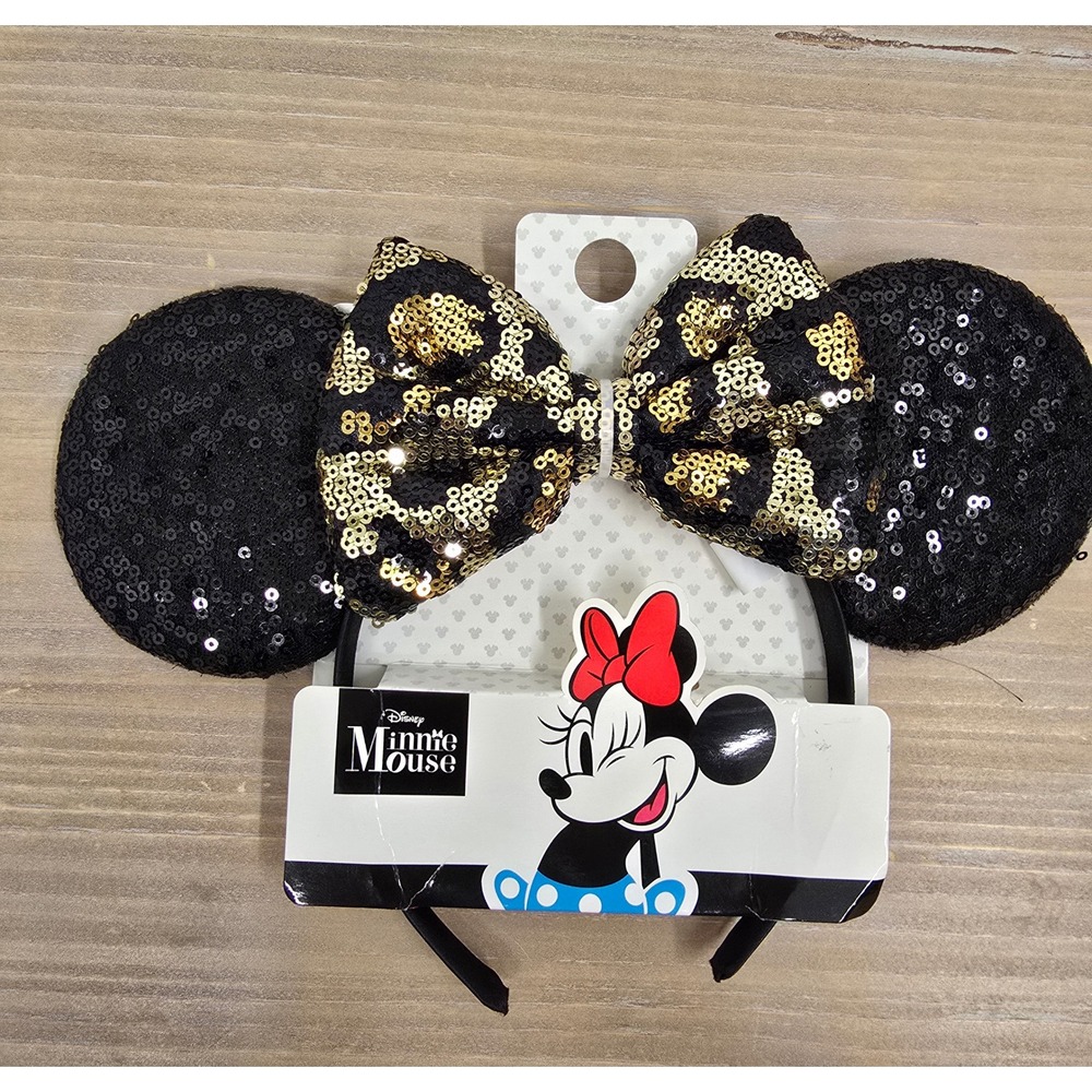 Disney Minnie Mouse Headband Black Gold Leopard Print Sequin Ears Jacmel Jewelry